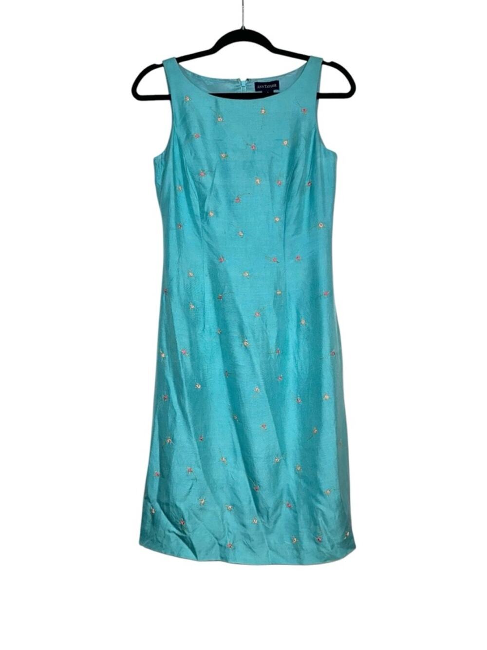 Anne Klein Vintage Silk Turquoise Sleeveless Ribbon Embroidered Dress 2